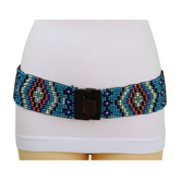 Women Blue Beads Elastic Ethnic Belt Brown Wood Buckle S M